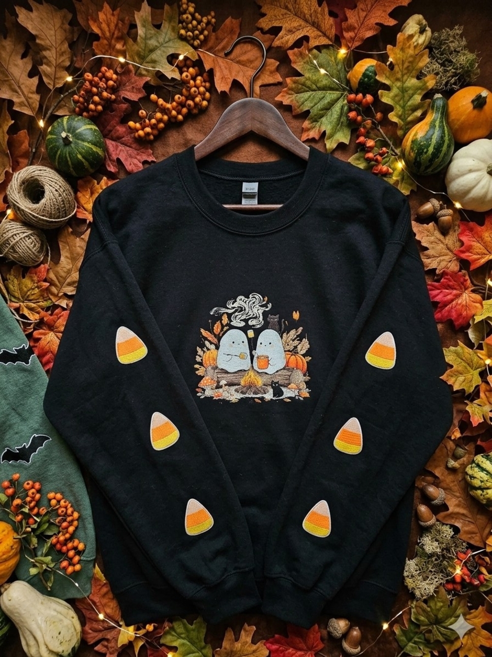 Black Women's Crewneck Sweater with Candy Corn Patch Graphics